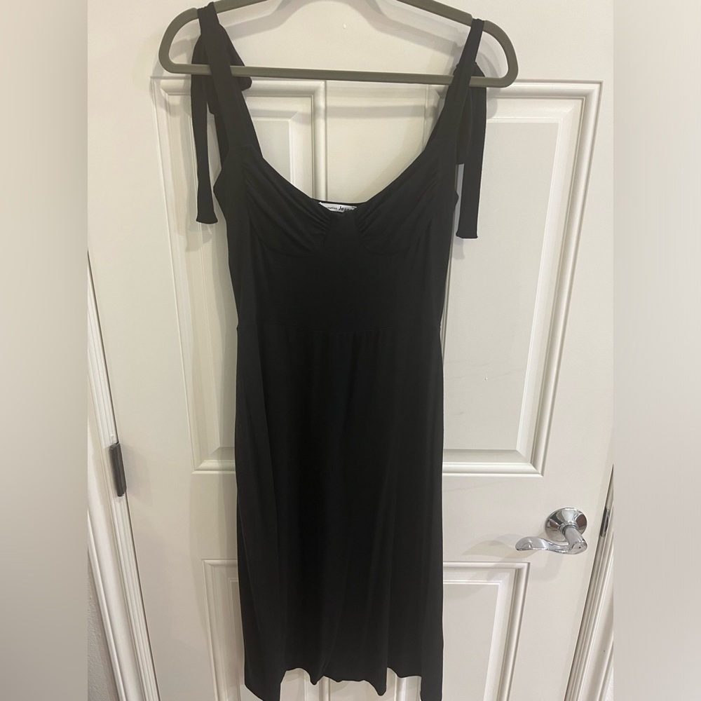 S Reformation knit tie strap black midi dress, ruched detail at bust